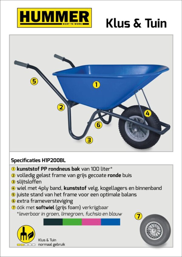 Klus-, Tuinkruiwagen Hummer - Gemonteerd geleverd - 100 liter - Gecoat - Blauw - Afbeelding 2