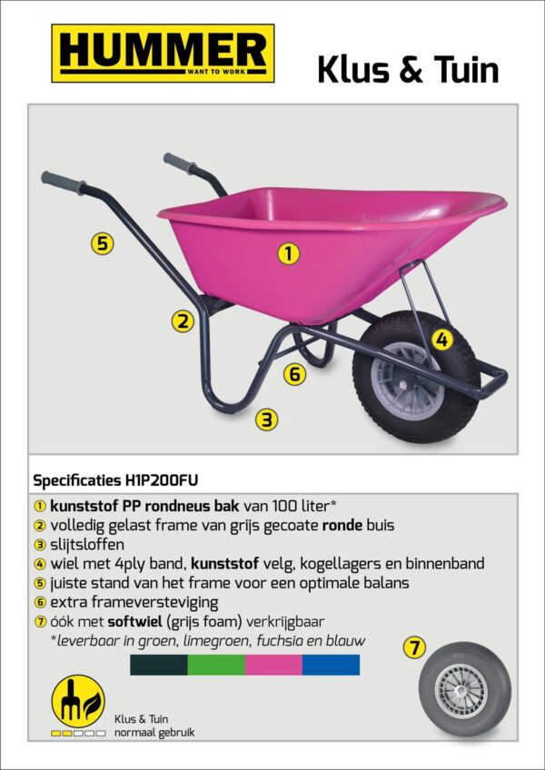 Klus-, Tuinkruiwagen Hummer - Gemonteerd geleverd - 100 liter - Gecoat - Fuchsia - Afbeelding 2