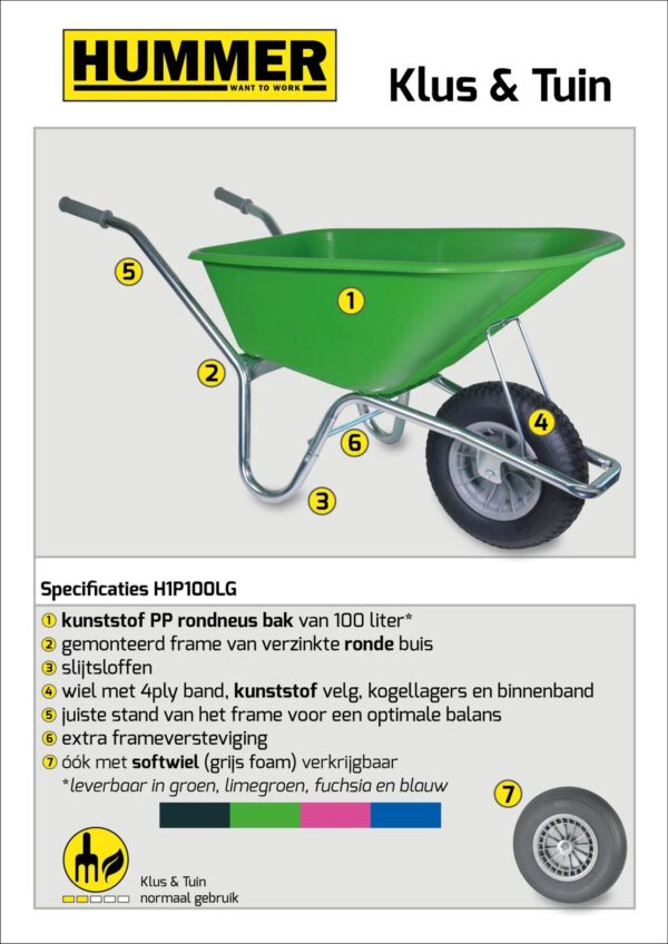 Klus-, Tuinkruiwagen Hummer - Gemonteerd geleverd - 100 liter - Verzinkt - Limegroen - Afbeelding 2
