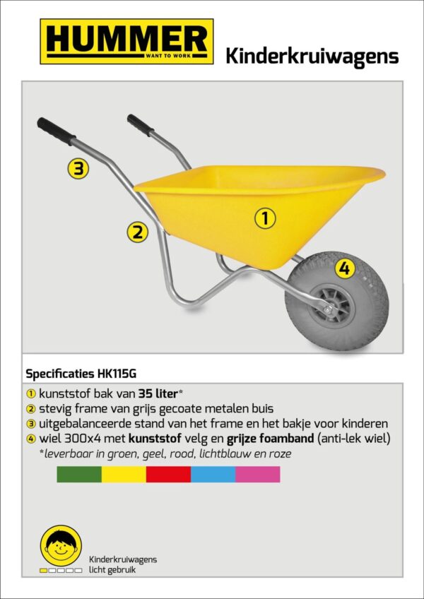 Kinderkruiwagen Hummer - Gemonteerd geleverd - 35 liter - Geel met softwiel - Afbeelding 2