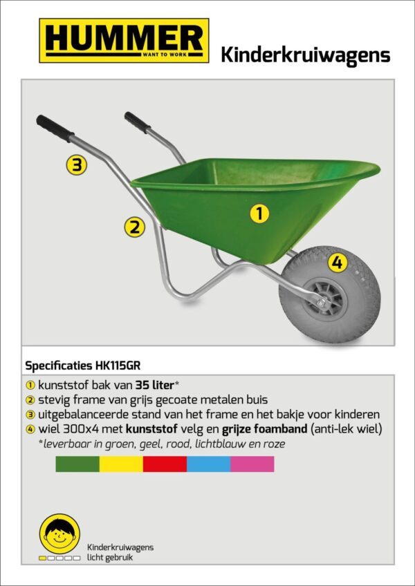 Kinderkruiwagen Hummer - Gemonteerd geleverd - 35 liter - Groen met softwiel - Afbeelding 2