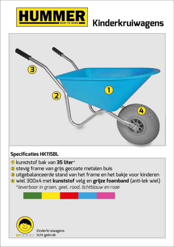 Kinderkruiwagen Hummer - Gemonteerd geleverd - 35 liter - Blauw met softwiel - Afbeelding 2