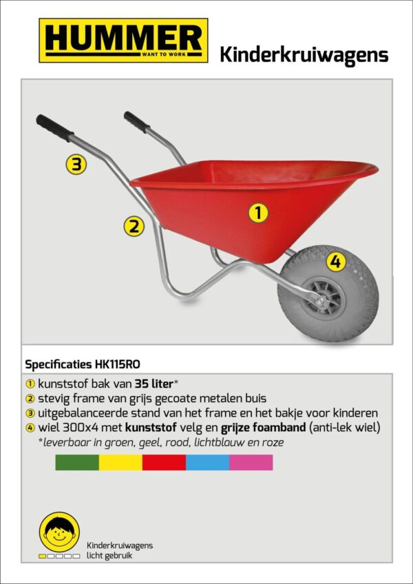 Kinderkruiwagen Hummer - Gemonteerd geleverd - 35 liter - Rood met softwiel - Afbeelding 2