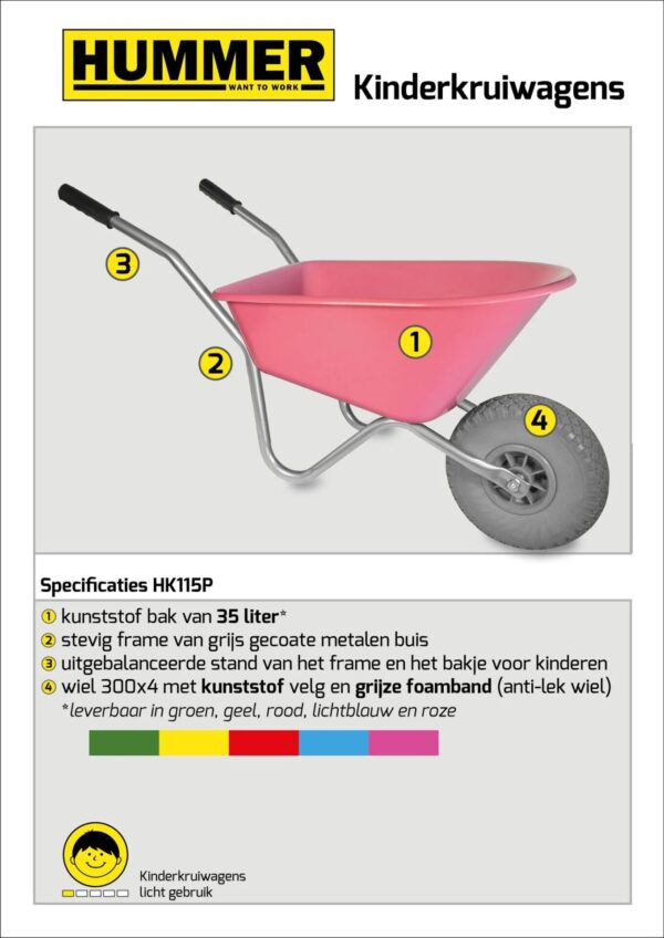 Kinderkruiwagen Hummer - Gemonteerd geleverd - 35 liter - Roze met softwiel - Afbeelding 2