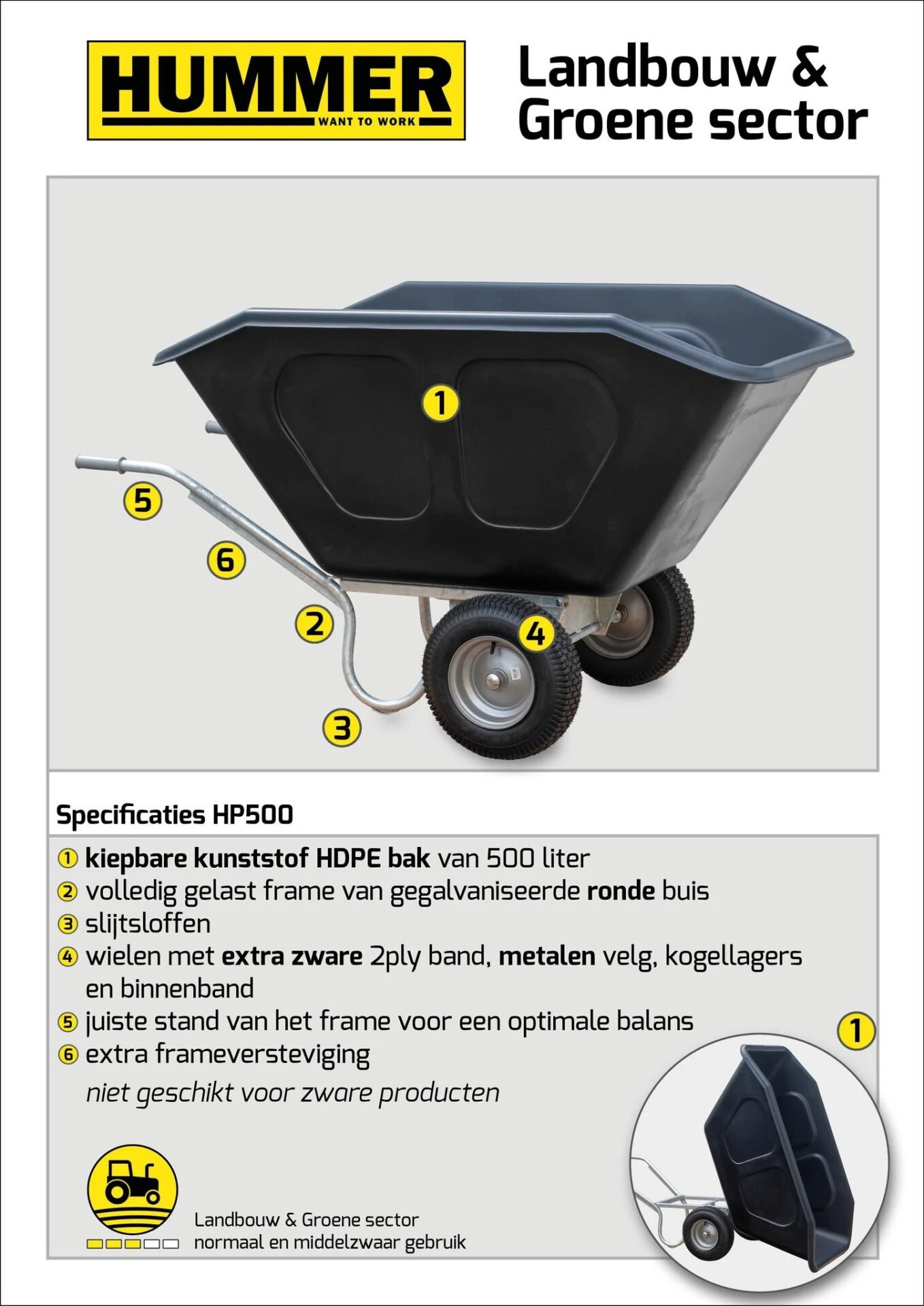 Volumekruiwagen HDPE Hummer - Gemonteerd geleverd - 500 liter - 2 wiel - Afbeelding 3